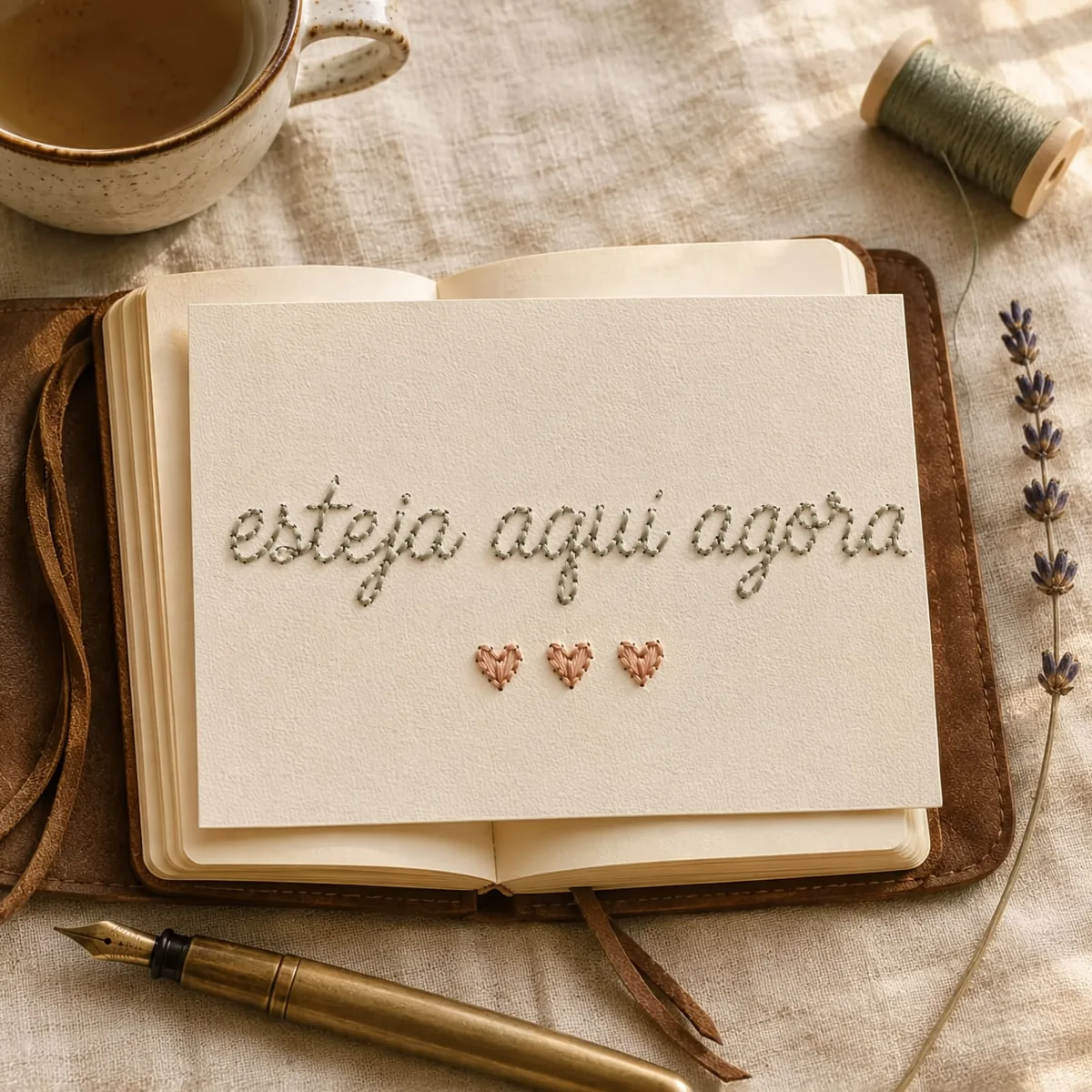 Bordado em papel com a frase Esteja aqui agora sobre um diário
