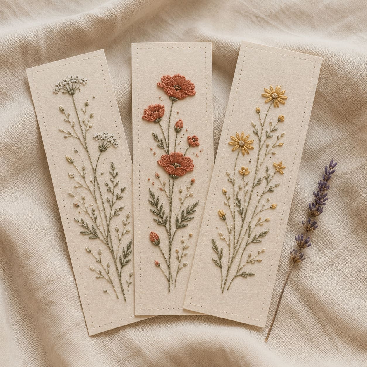 Três marcadores de página bordados em papel com padrões florais