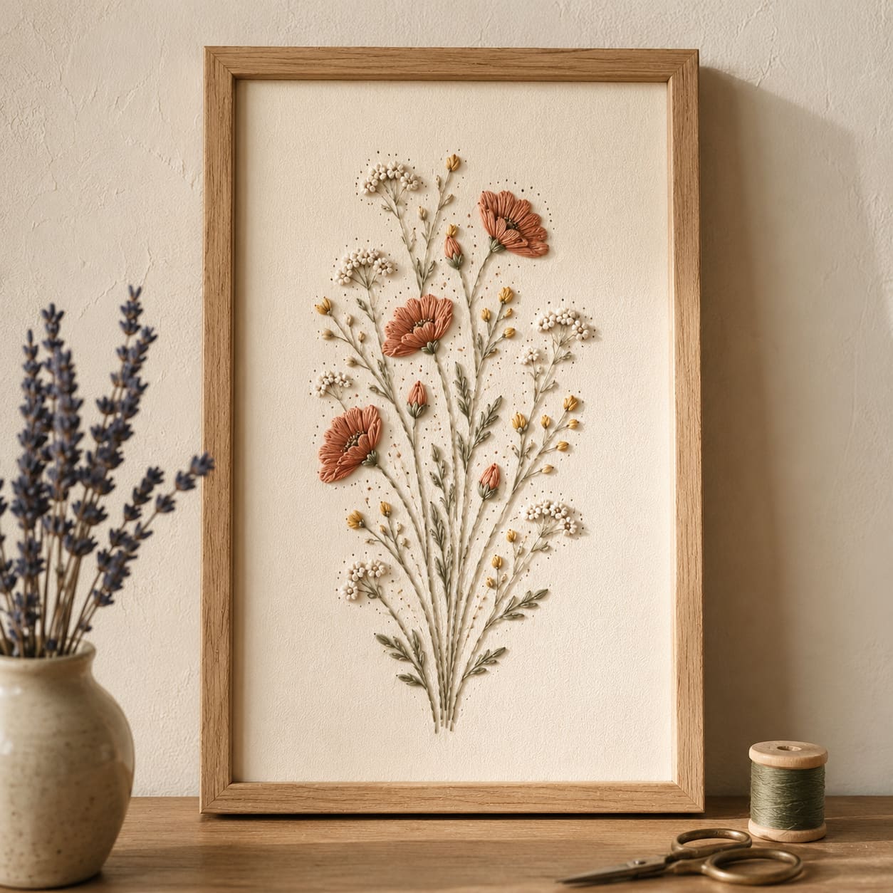 Buquê de flores silvestres em bordado em papel emoldurado