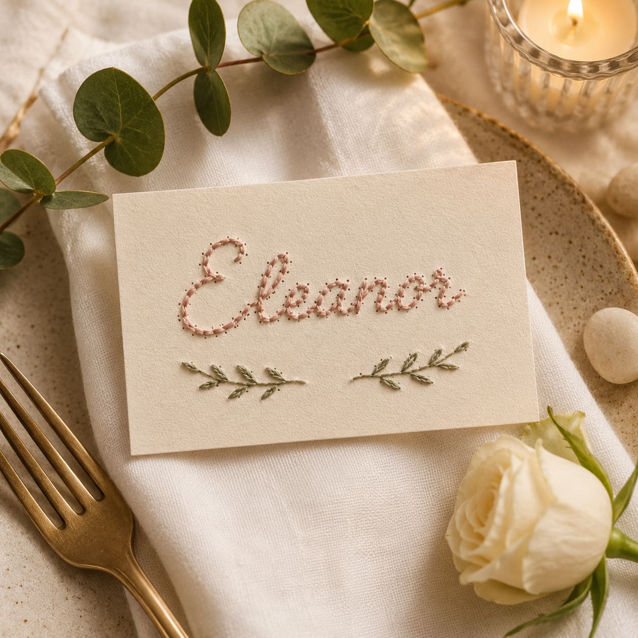 Cartão de lugar para casamento com nome bordado